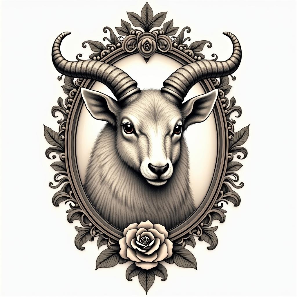 Maila Capricorn animalsin victorian style tattoo, featuring vintage and elegant elements, ornate frames, roses, antique, sepia-toned color scheme