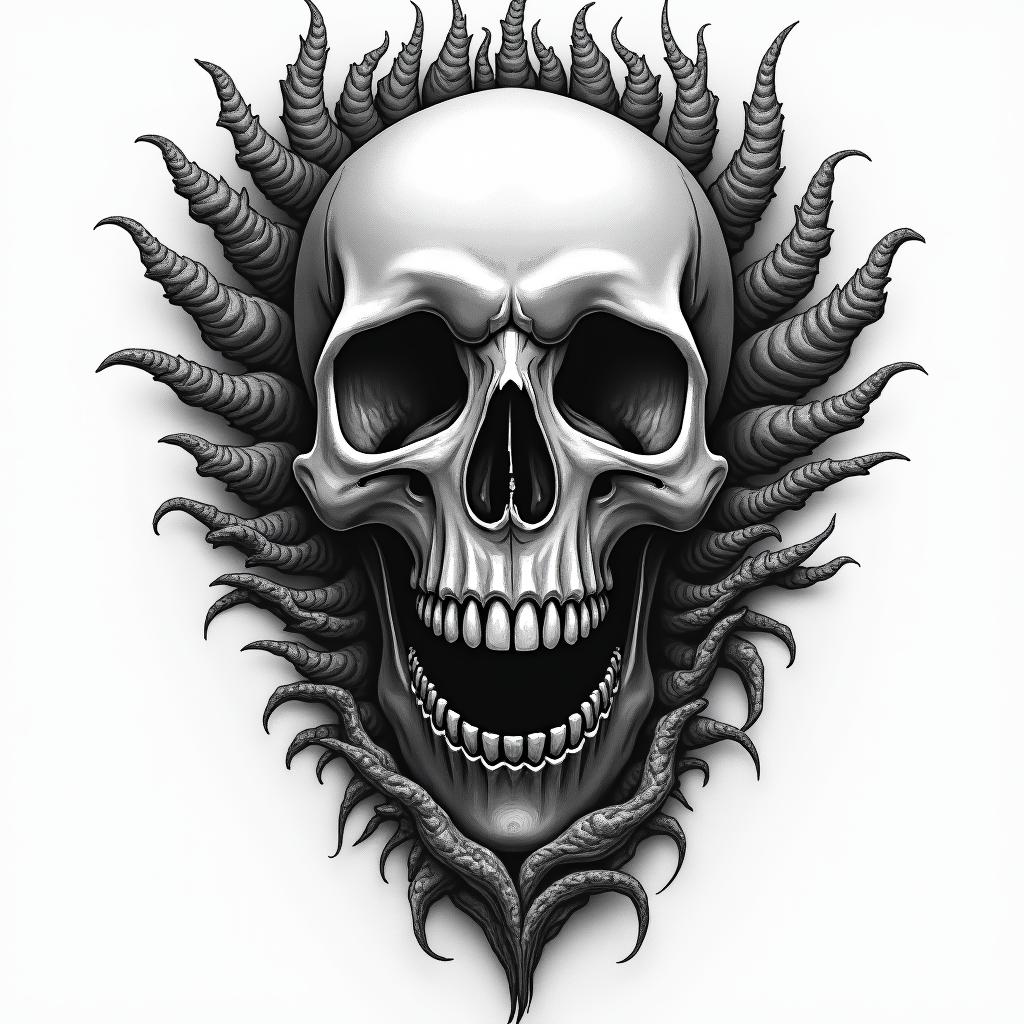 Forgotten grave in horror tattoo style, showcasing haunting and unsettling, dark and gritty textures with skulls, eerie faces, jgged designs, bold and intense shading