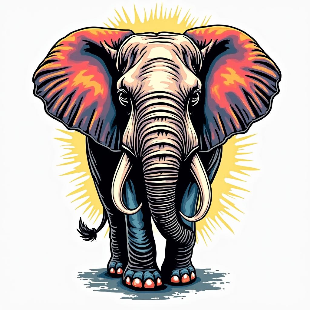 Elephantin pop art style tattoo, featuring bold and vibrant colors, exaggerated outlines, iconic imagery, inspired by comic books and speech bubbles, comic book characters, retro pop culture - Variation 2