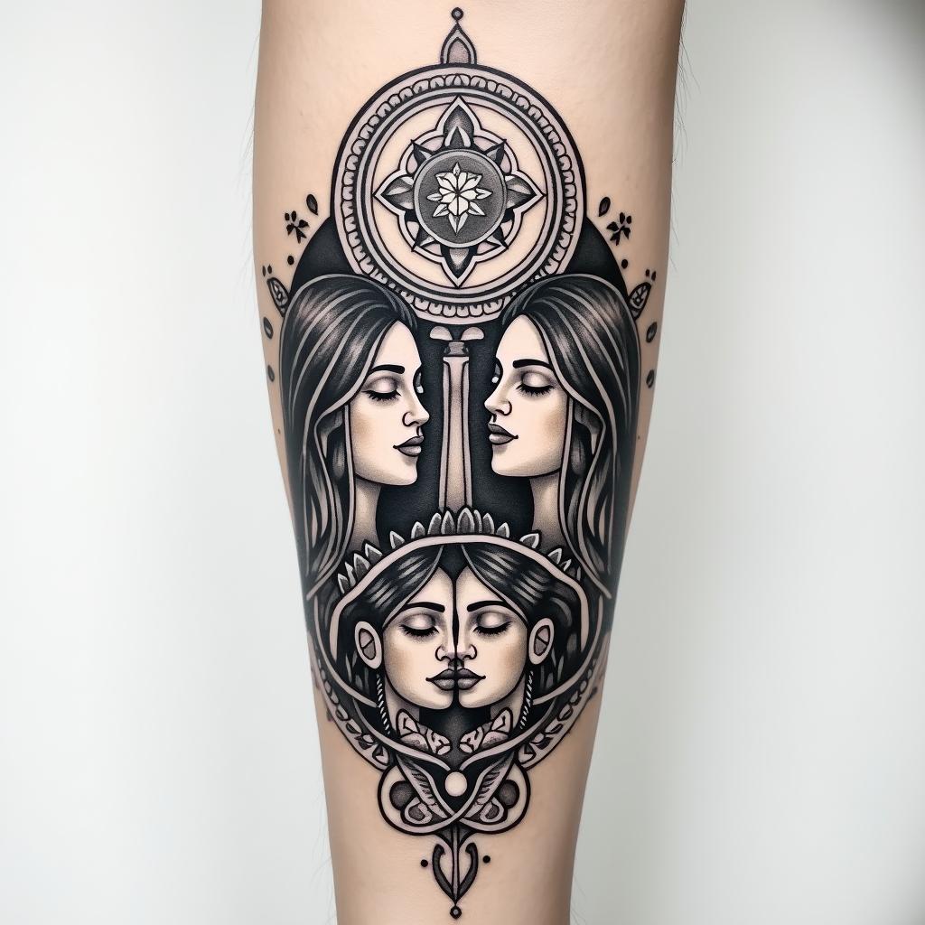 I want to create a tattoo of my family, my father,mother and two sisters on armin spiritual symbols tattoo style, featuring an intricate design incorporating elements, Hamsa hand, third eye, minimalist composition - Variation 4