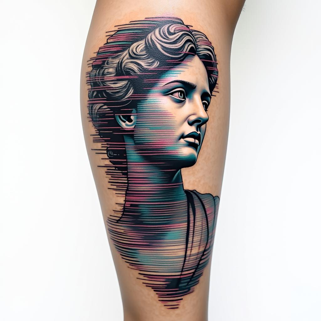 My name is BETE RENAUD, Use my name. Allude to modernity and God. It's a tattoo on the calf.in distorted and fragmented tattoo design, featuring a classical statue bust, in a glitch art style with vibrant, overlapping colors of cyan, magenta, and yellow, creating a digital distortion effect
