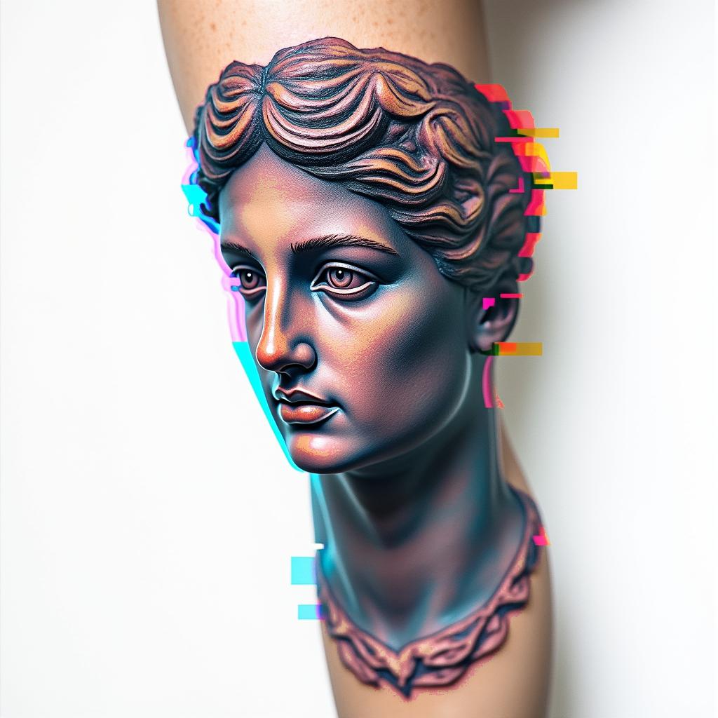 My name is BETE RENAUD, Use my name. Allude to modernity and God. It's a tattoo on the calf.in distorted and fragmented tattoo design, featuring a classical statue bust, in a glitch art style with vibrant, overlapping colors of cyan, magenta, and yellow, creating a digital distortion effect - Variation 2