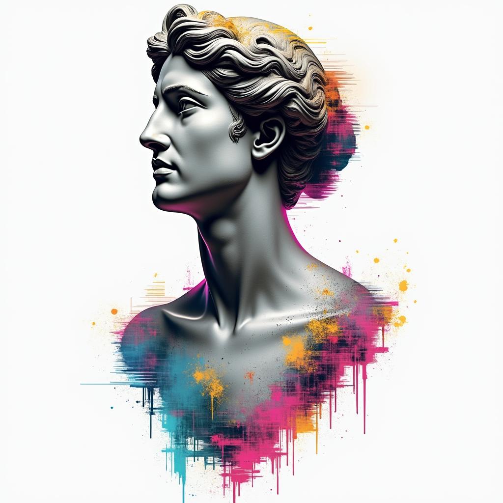 My name is BETE RENAUD, Use my name. Allude to modernity and God. It's a tattoo on the calf.in distorted and fragmented tattoo design, featuring a classical statue bust, in a glitch art style with vibrant, overlapping colors of cyan, magenta, and yellow, creating a digital distortion effect - Variation 4