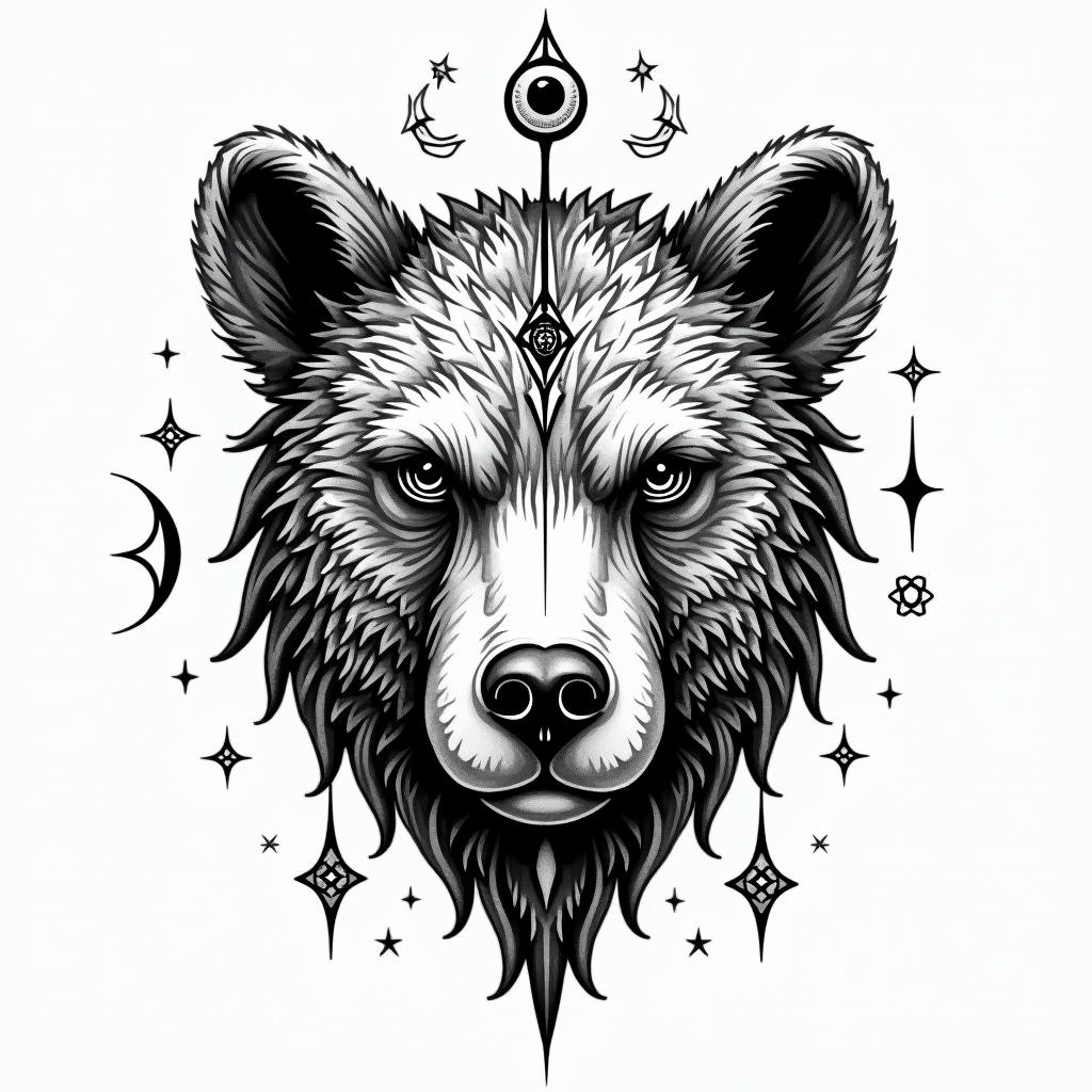 Kaw bear music headin prophecy tattoo style, featuring mystical symbols, celestial imagery like stars, moons, suns, geometric patterns, foretelling elements, an eye of wisdom