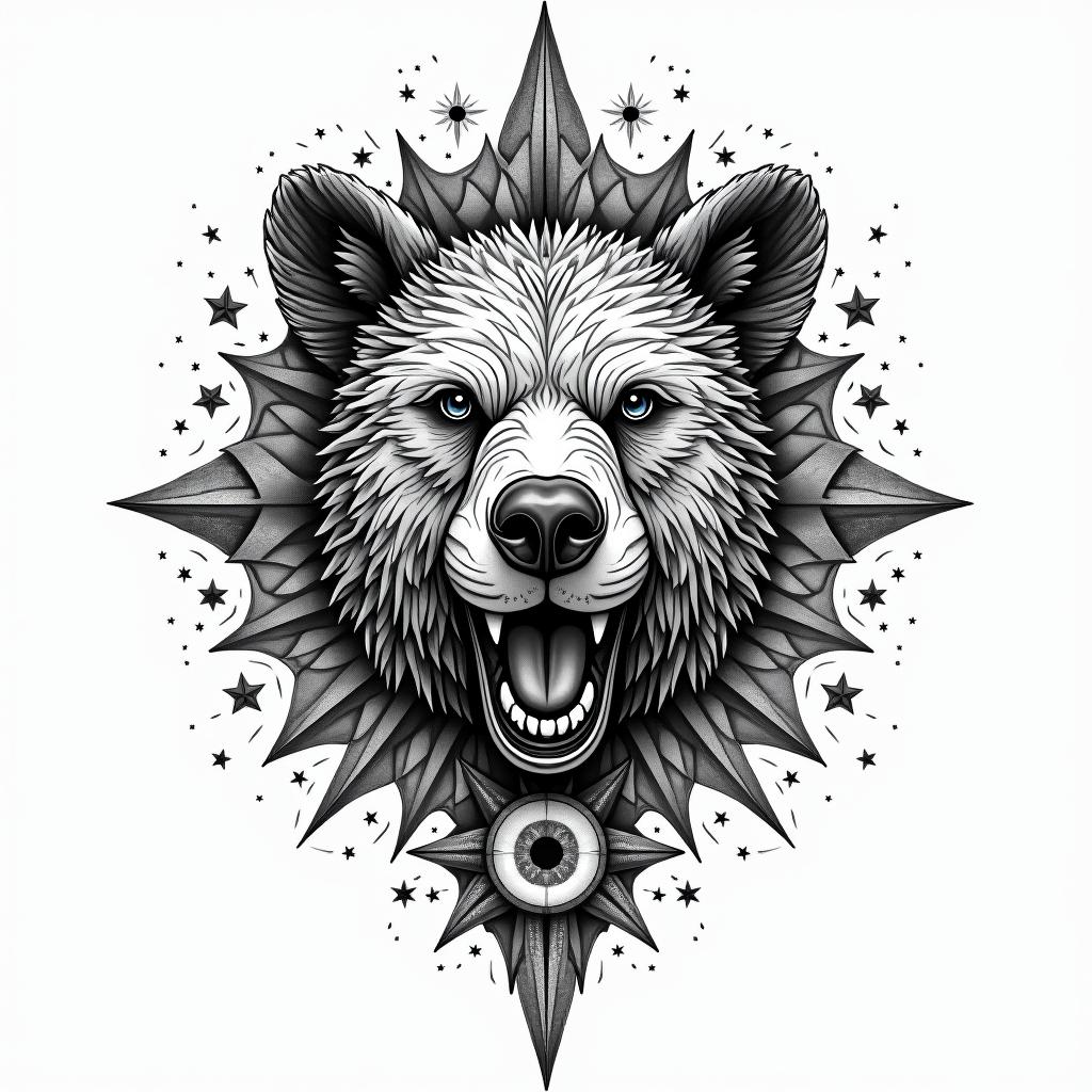 Kaw bear music headin prophecy tattoo style, featuring mystical symbols, celestial imagery like stars, moons, suns, geometric patterns, foretelling elements, an eye of wisdom - Variation 4