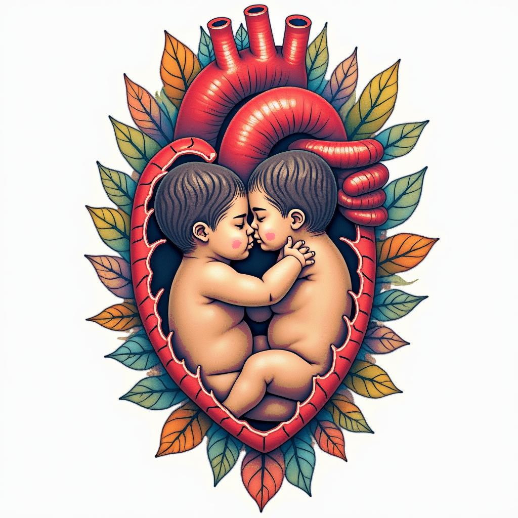 A colorful tattoo representing a rainbow baby, featuring an anatomical heart intertwined with silhouettes of a mother breastfeeding her son, Jaxon, surrounded by hands that symbolize support and love. The design incorporates elements of February, possibly through floral or seasonal motifs, conveying warmth and connection. The overall style is vibrant and artistic, reflecting a mix of emotions and the beauty of motherhood.higly detailed tattoo