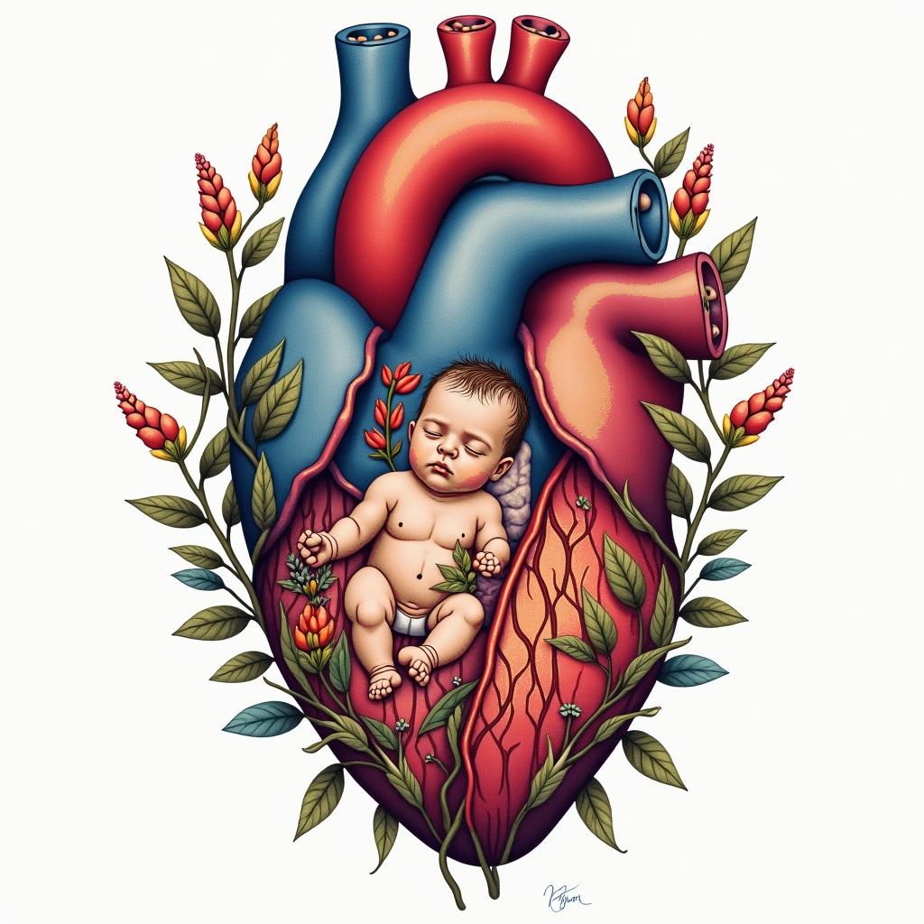 A colorful tattoo representing a rainbow baby, featuring an anatomical heart intertwined with silhouettes of a mother breastfeeding her son, Jaxon, surrounded by hands that symbolize support and love. The design incorporates elements of February, possibly through floral or seasonal motifs, conveying warmth and connection. The overall style is vibrant and artistic, reflecting a mix of emotions and the beauty of motherhood.higly detailed tattoo - Variation 4