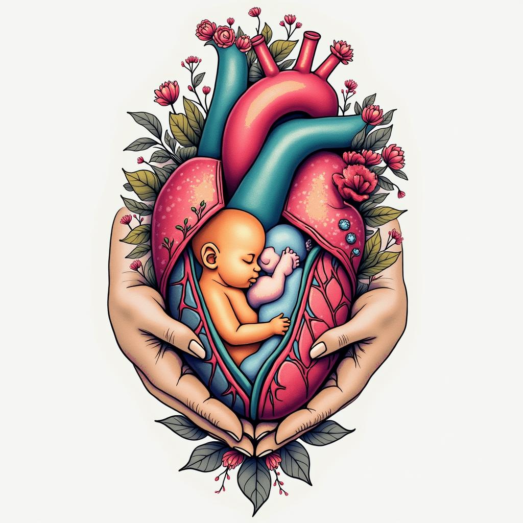 A colorful tattoo representing a rainbow baby, featuring an anatomical heart intertwined with silhouettes of a mother breastfeeding her son, Jaxon, surrounded by hands that symbolize support and love. The design incorporates elements of February, possibly through floral or seasonal motifs, conveying warmth and connection. The overall style is vibrant and artistic, reflecting a mix of emotions and the beauty of motherhood.higly detailed tattoo - Variation 3