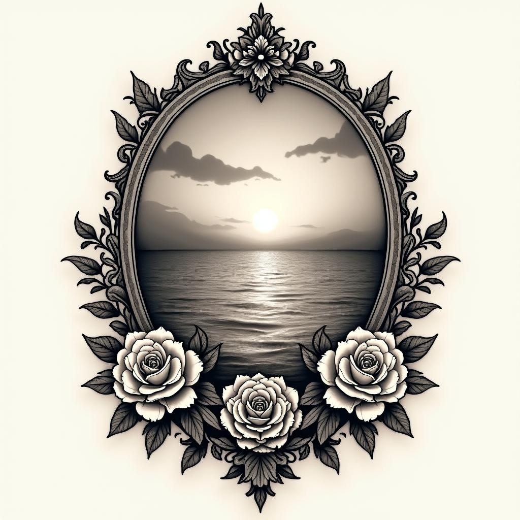 Sea and sunsetin victorian style tattoo, featuring vintage and elegant elements, ornate frames, roses, antique, sepia-toned color scheme - Variation 2