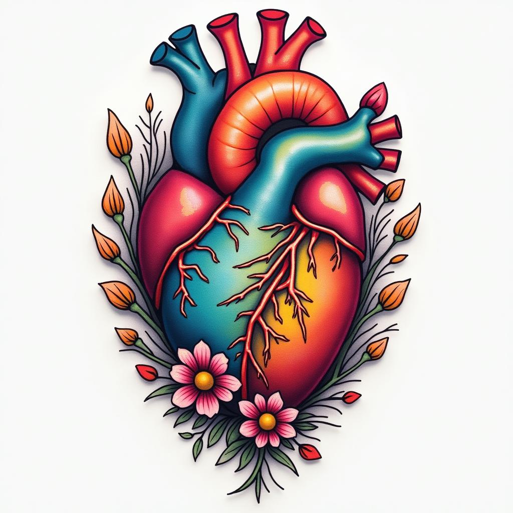 A colorful tattoo representing a rainbow baby, featuring an anatomical heart intertwined with silhouettes of a mother breastfeeding her son, Jaxon, surrounded by hands that symbolize support and love. The design incorporates elements of February, possibly through floral or seasonal motifs, conveying warmth and connection. The overall style is vibrant and artistic, reflecting a mix of emotions and the beauty of motherhood.higly detailed tattoo - Variation 2