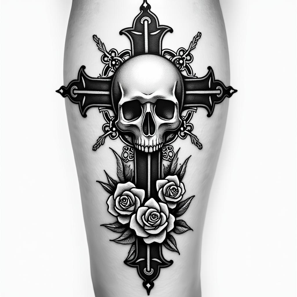 My name is BETE RENAUD. Use my name. Allude to modernity and God. It's a tattoo on my calf.in chicano style tattoo, featuring intricate black and grey shading, bold elements of traditional chicano culture symbols, add a big cross with skull, chains and roses - Variation 2