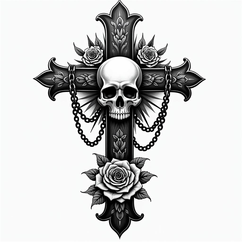 My name is BETE RENAUD. Use my name. Allude to modernity and God. It's a tattoo on my calf.in chicano style tattoo, featuring intricate black and grey shading, bold elements of traditional chicano culture symbols, add a big cross with skull, chains and roses - Variation 4
