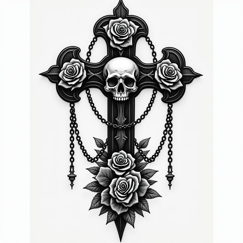 My name is BETE RENAUD. Use my name. Allude to modernity and God. It's a tattoo on my calf.in chicano style tattoo, featuring intricate black and grey shading, bold elements of traditional chicano culture symbols, add a big cross with skull, chains and roses - Variation 3