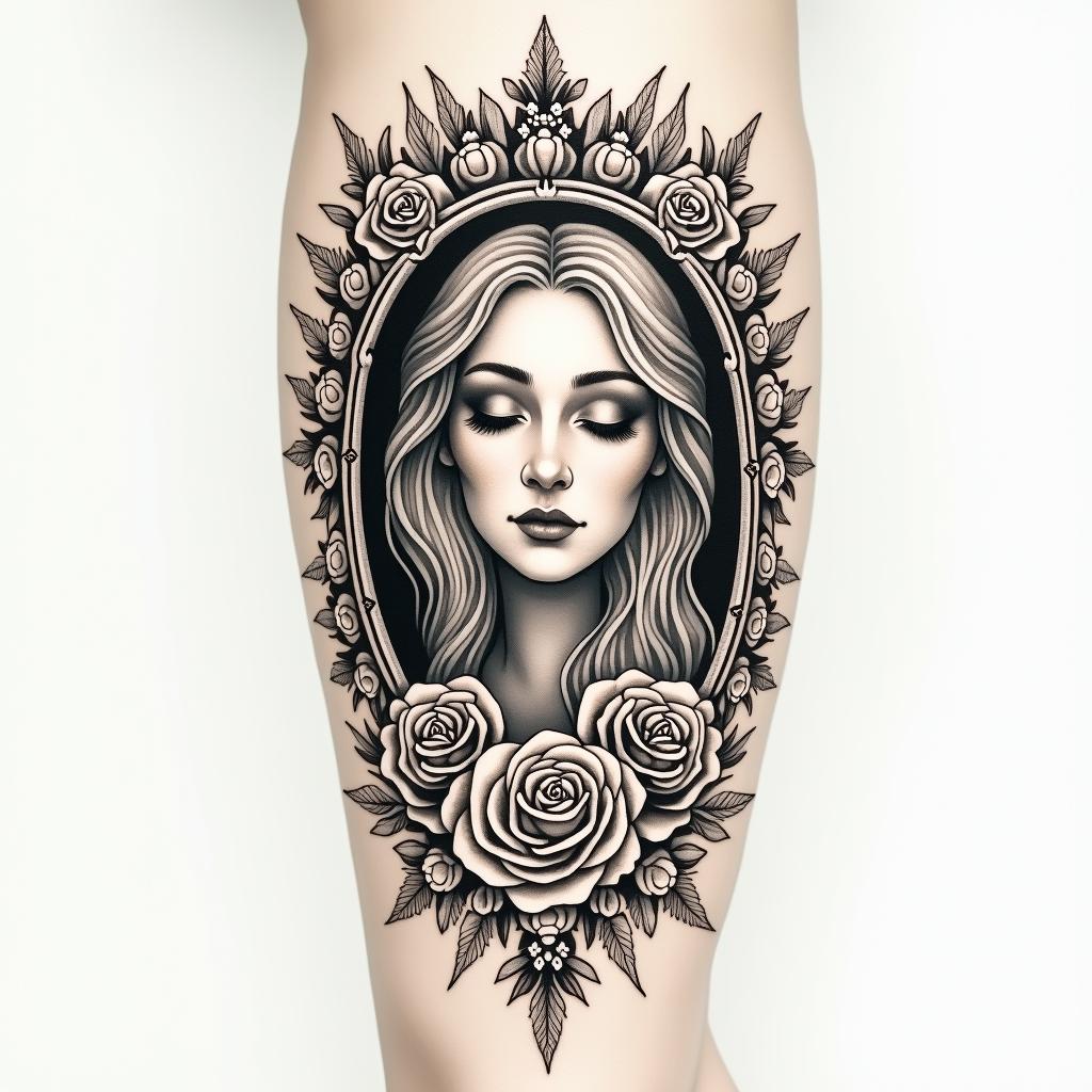 My name is BETE RENAUD, Use my name. Allude to modernity and God. It's a tattoo on the calf.in victorian style tattoo, featuring vintage and elegant elements, ornate frames, roses, antique, sepia-toned color scheme - Variation 2