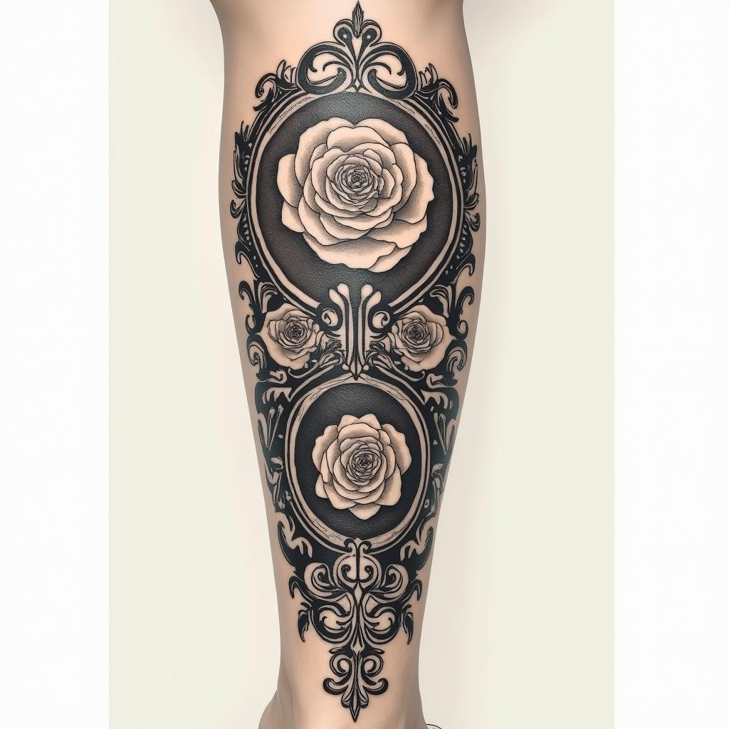 My name is BETE RENAUD, Use my name. Allude to modernity and God. It's a tattoo on the calf.in victorian style tattoo, featuring vintage and elegant elements, ornate frames, roses, antique, sepia-toned color scheme