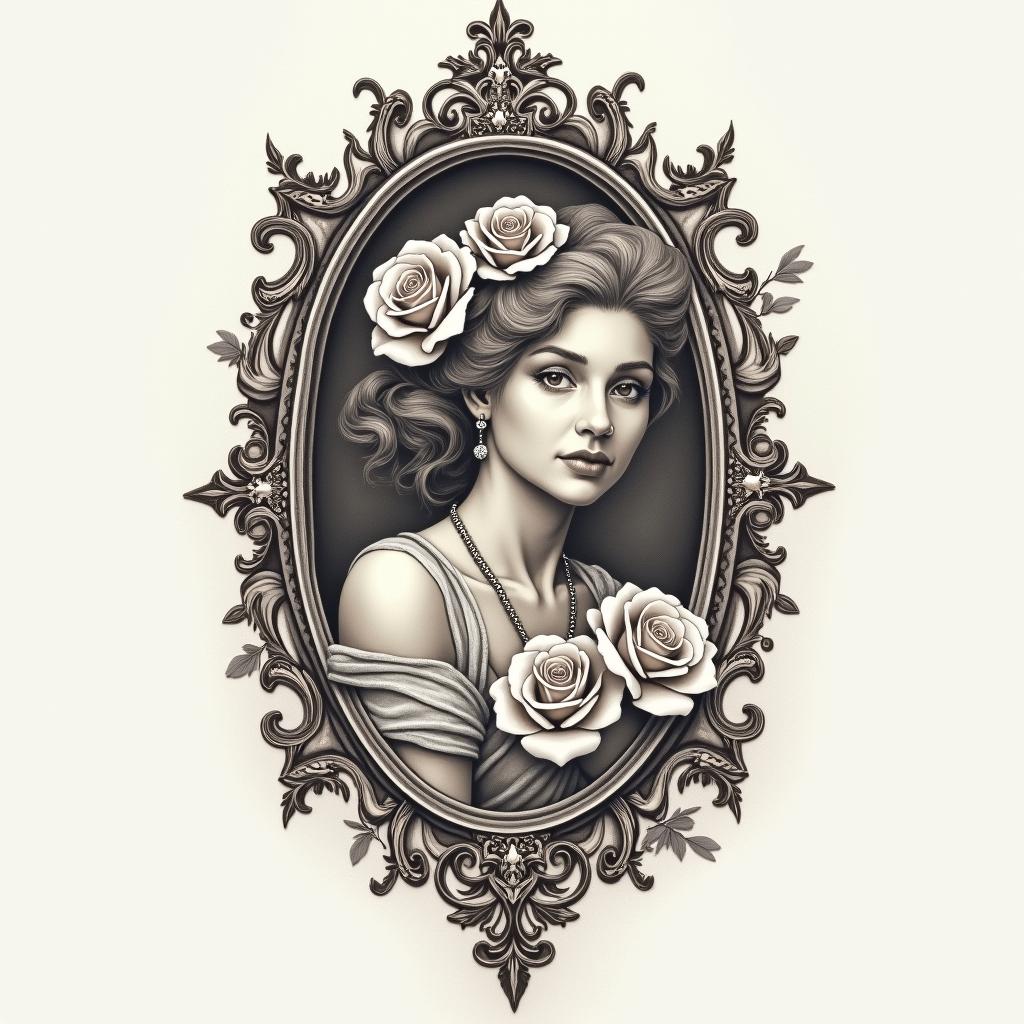 My name is BETE RENAUD, Use my name. Allude to modernity and God. It's a tattoo on the calf.in victorian style tattoo, featuring vintage and elegant elements, ornate frames, roses, antique, sepia-toned color scheme - Variation 3