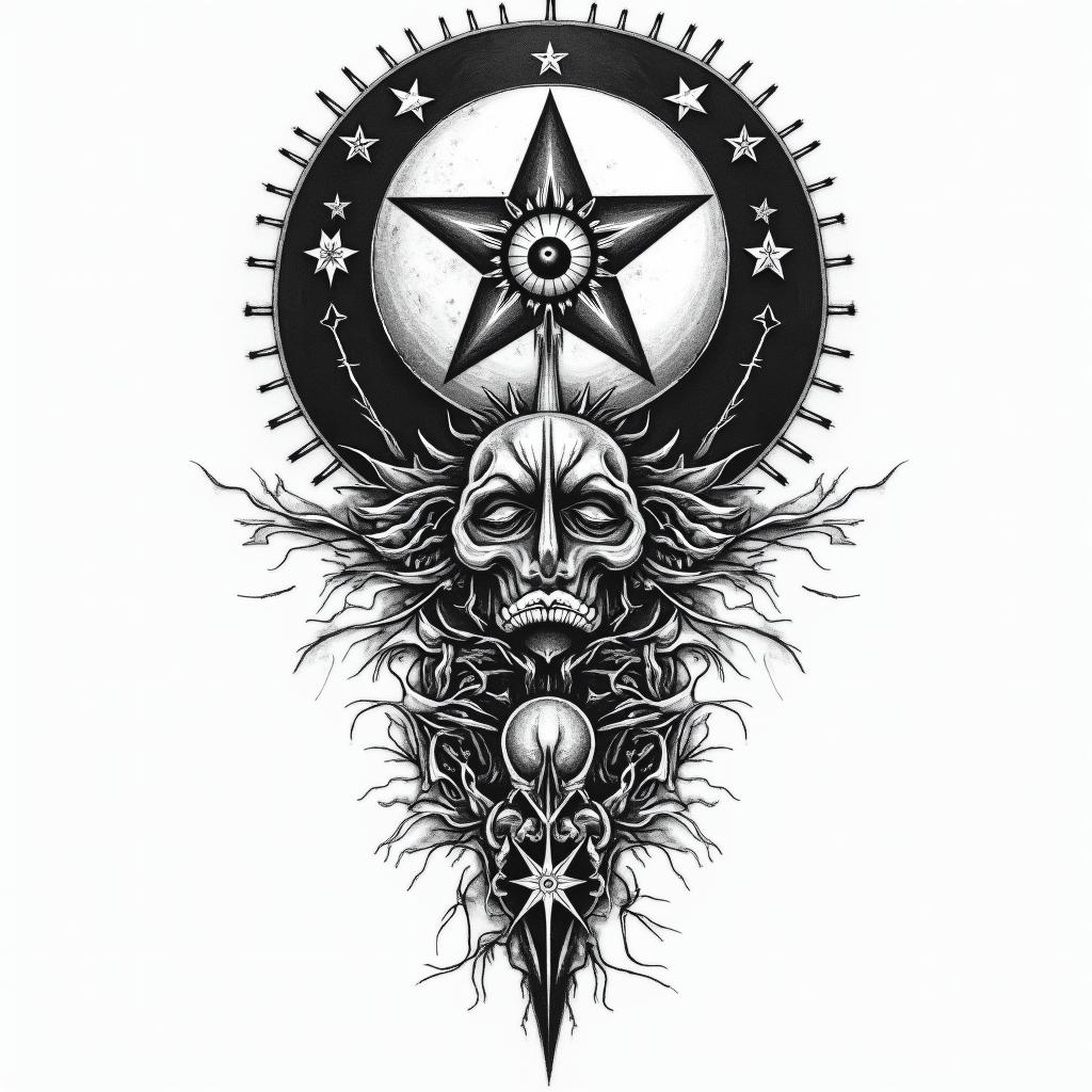 Frank William Campbell 88 moon water controlled chaosin prophecy tattoo style, featuring mystical symbols, celestial imagery like stars, moons, suns, geometric patterns, foretelling elements, an eye of wisdom - Variation 2