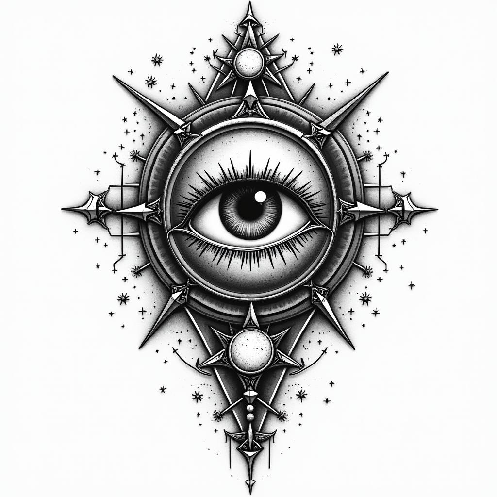 Frank William Campbell 88 moon water controlled chaosin prophecy tattoo style, featuring mystical symbols, celestial imagery like stars, moons, suns, geometric patterns, foretelling elements, an eye of wisdom - Variation 3
