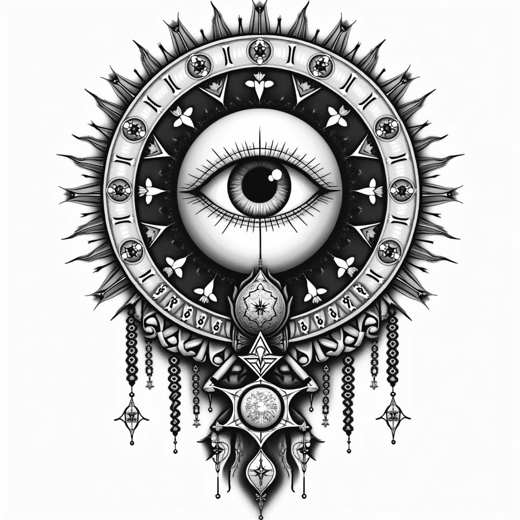 Frank William Campbell 88 moon water controlled chaosin prophecy tattoo style, featuring mystical symbols, celestial imagery like stars, moons, suns, geometric patterns, foretelling elements, an eye of wisdom - Variation 4