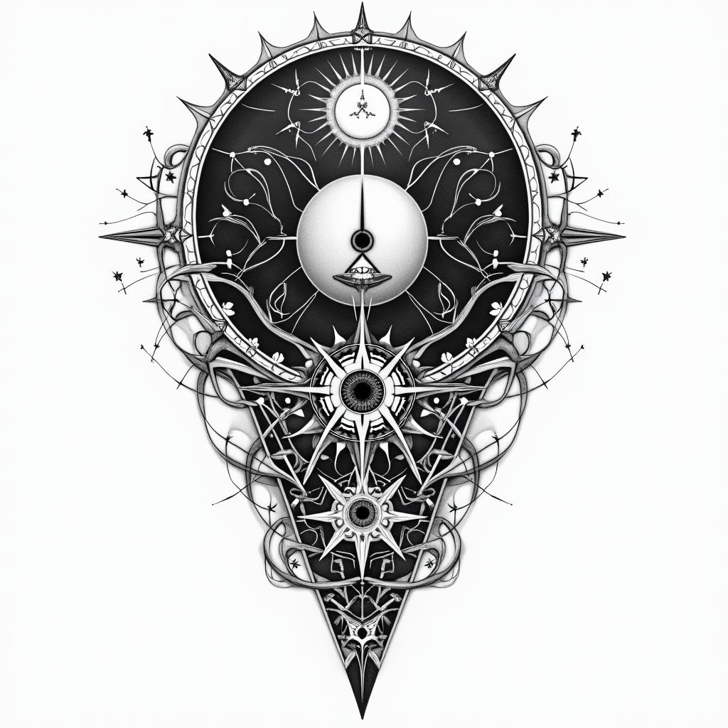 Frank William Campbell 88 moon water controlled chaosin prophecy tattoo style, featuring mystical symbols, celestial imagery like stars, moons, suns, geometric patterns, foretelling elements, an eye of wisdom
