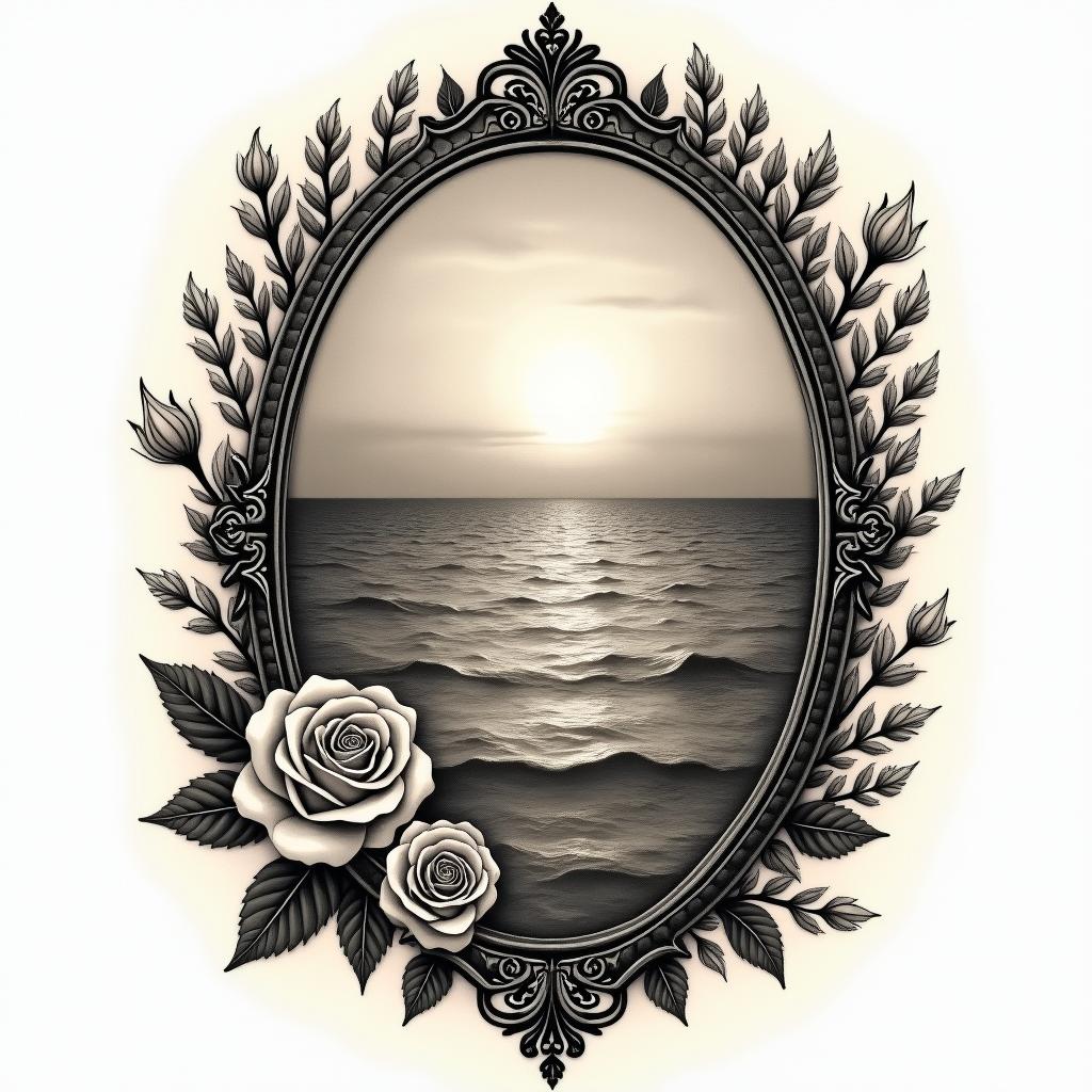 Sea and sunsetin victorian style tattoo, featuring vintage and elegant elements, ornate frames, roses, antique, sepia-toned color scheme