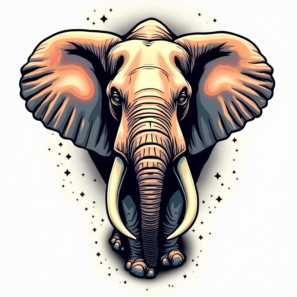 Elephantin pop art style tattoo, featuring bold and vibrant colors, exaggerated outlines, iconic imagery, inspired by comic books and speech bubbles, comic book characters, retro pop culture
