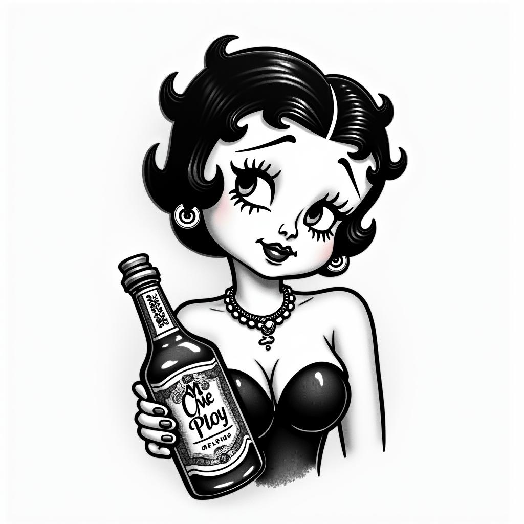 A vintage-style tattoo design featuring Betty Boop holding a bottle of Mae Ploy sauce. The illustration should capture Betty's classic look with her iconic hairstyle and flapper attire, and the bottle of Mae Ploy sauce should be prominent in her hand. The overall style should have a nostalgic vibe, blending elements of whimsy and charm, with intricate details that celebrate both Betty Boop's playful personality and the essence of the favorite sauce.higly detailed tattoo - Variation 3
