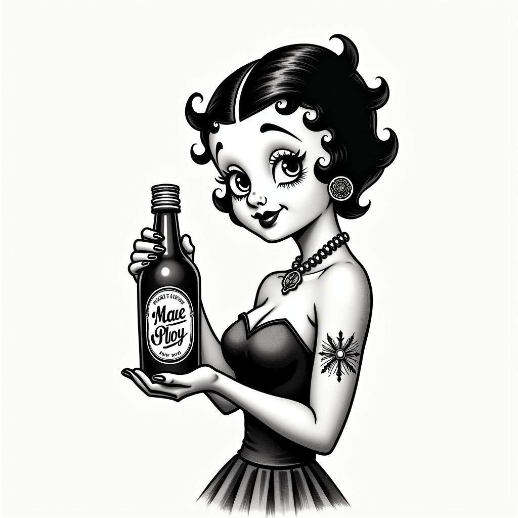 A vintage-style tattoo design featuring Betty Boop holding a bottle of Mae Ploy sauce. The illustration should capture Betty's classic look with her iconic hairstyle and flapper attire, and the bottle of Mae Ploy sauce should be prominent in her hand. The overall style should have a nostalgic vibe, blending elements of whimsy and charm, with intricate details that celebrate both Betty Boop's playful personality and the essence of the favorite sauce.higly detailed tattoo - Variation 4