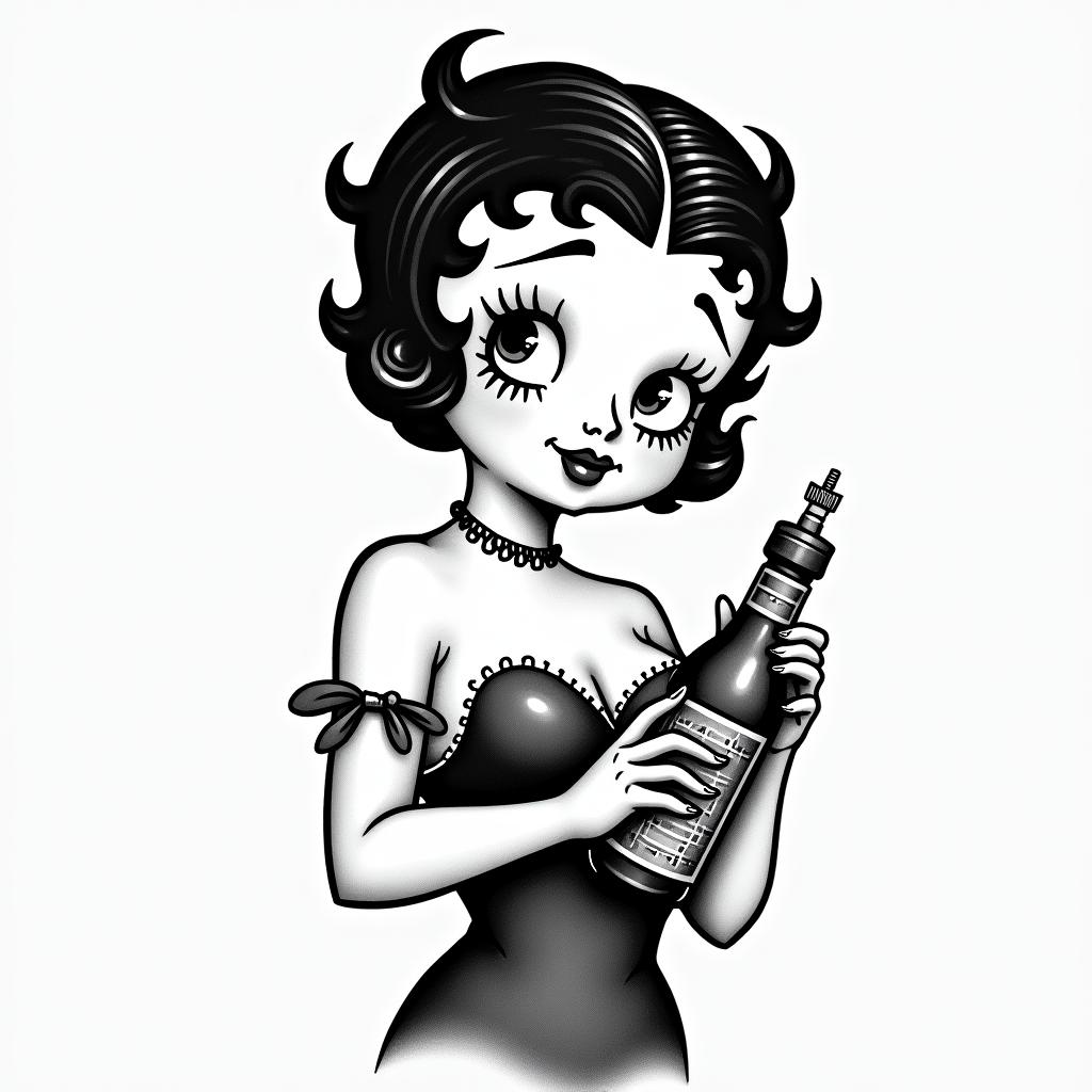 A vintage-style tattoo design featuring Betty Boop holding a bottle of Mae Ploy sauce. The illustration should capture Betty's classic look with her iconic hairstyle and flapper attire, and the bottle of Mae Ploy sauce should be prominent in her hand. The overall style should have a nostalgic vibe, blending elements of whimsy and charm, with intricate details that celebrate both Betty Boop's playful personality and the essence of the favorite sauce.higly detailed tattoo - Variation 2