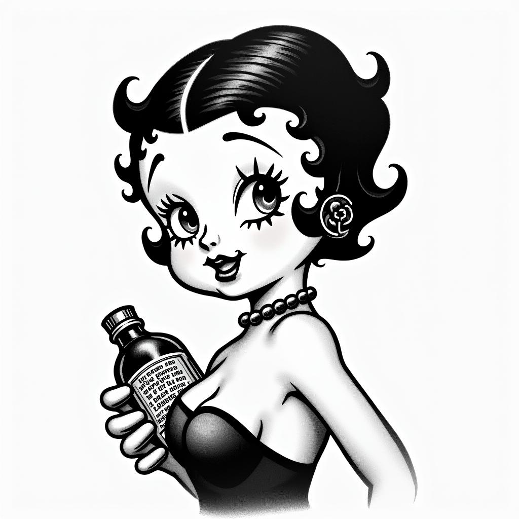 A vintage-style tattoo design featuring Betty Boop holding a bottle of Mae Ploy sauce. The illustration should capture Betty's classic look with her iconic hairstyle and flapper attire, and the bottle of Mae Ploy sauce should be prominent in her hand. The overall style should have a nostalgic vibe, blending elements of whimsy and charm, with intricate details that celebrate both Betty Boop's playful personality and the essence of the favorite sauce.higly detailed tattoo