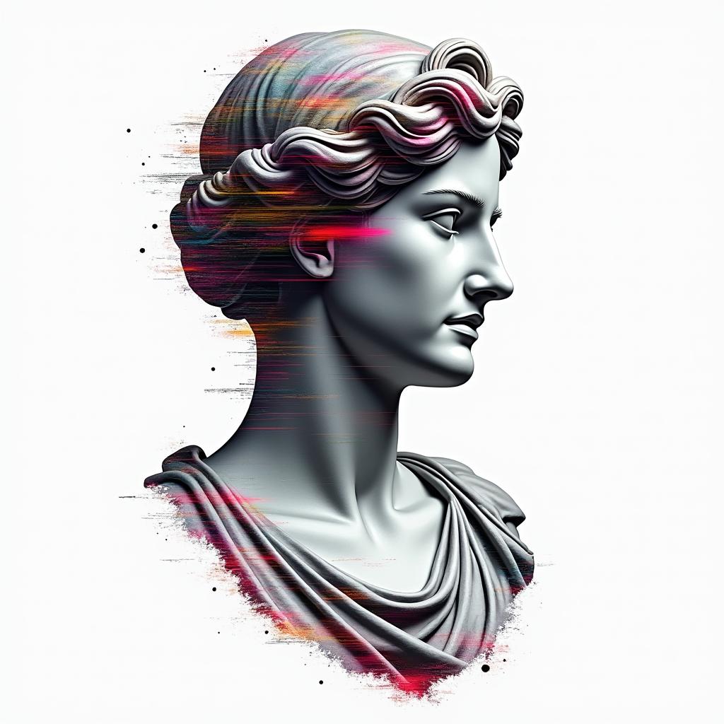 Cancer zodiacin distorted and fragmented tattoo design, featuring a classical statue bust, in a glitch art style with vibrant, overlapping colors of cyan, magenta, and yellow, creating a digital distortion effect - Variation 4