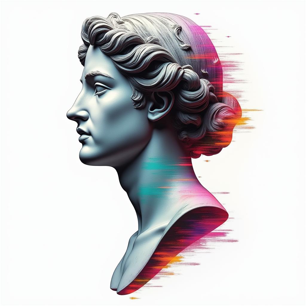 Cancer zodiacin distorted and fragmented tattoo design, featuring a classical statue bust, in a glitch art style with vibrant, overlapping colors of cyan, magenta, and yellow, creating a digital distortion effect - Variation 3