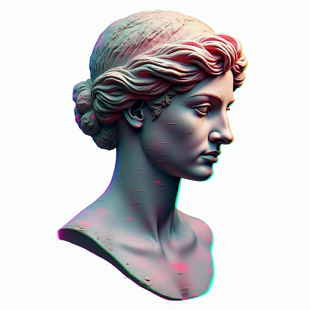 Cancer zodiacin distorted and fragmented tattoo design, featuring a classical statue bust, in a glitch art style with vibrant, overlapping colors of cyan, magenta, and yellow, creating a digital distortion effect - Variation 2