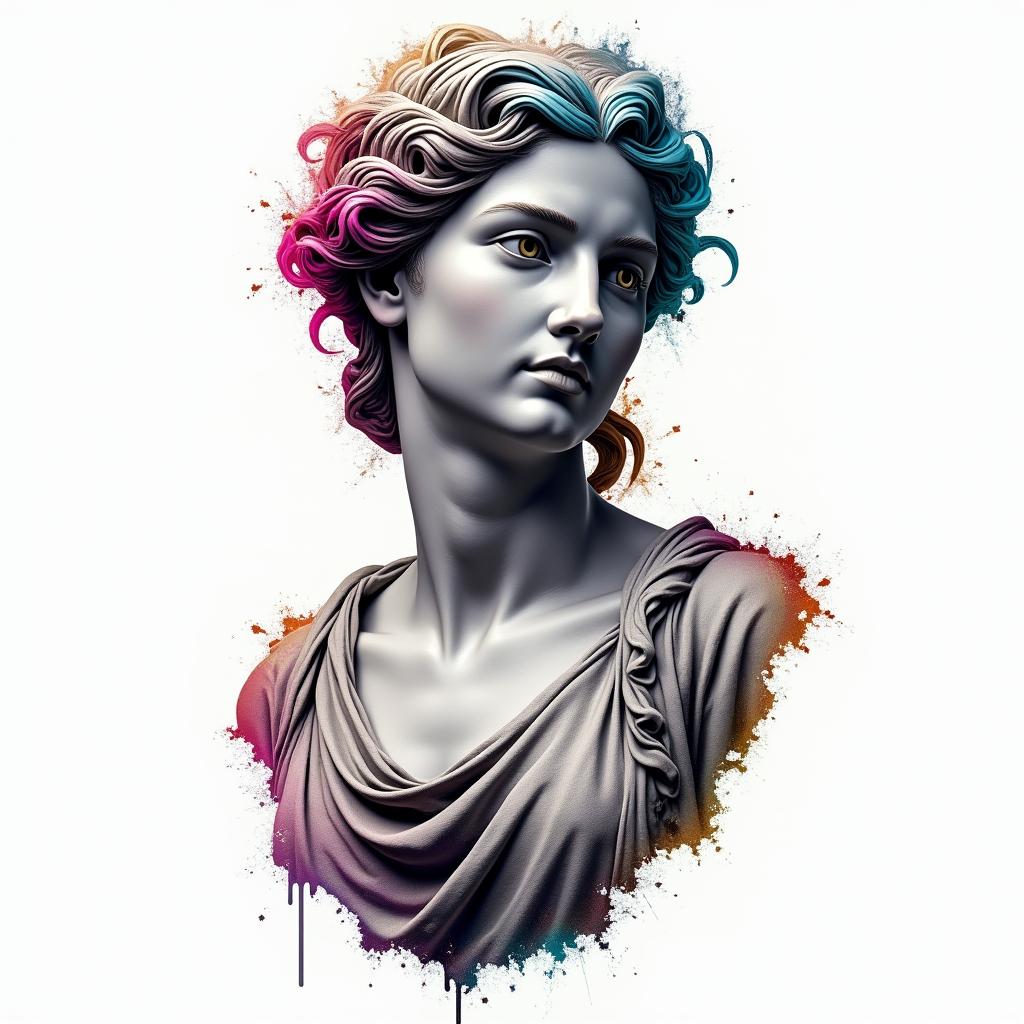 Cancer zodiacin distorted and fragmented tattoo design, featuring a classical statue bust, in a glitch art style with vibrant, overlapping colors of cyan, magenta, and yellow, creating a digital distortion effect