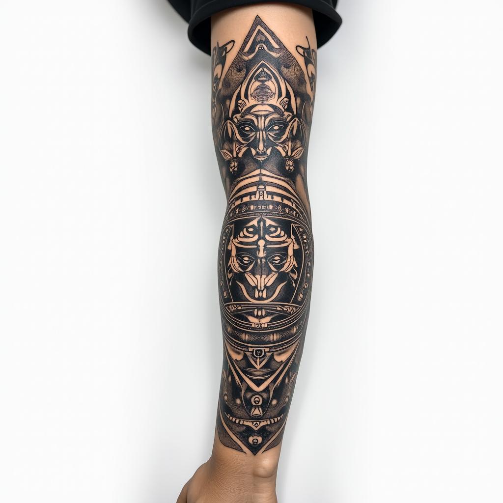 A tattoo for an entire arm with figures of the Colombian indigenous Chibcha community.in paganic style tattoo, featuring ancient symbols, add vegvisir symbol, mystical figures, incorporating designs, pentagrams, runes, crescent moons,