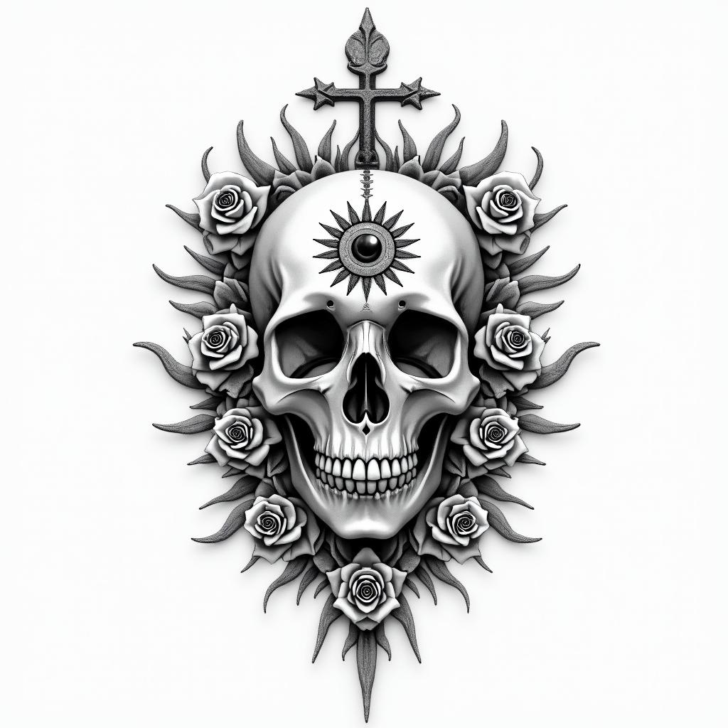 Skulls, thorns, roses, life, deathin spiritual symbols tattoo style, featuring an intricate design incorporating elements, Hamsa hand, third eye, minimalist composition - Variation 2