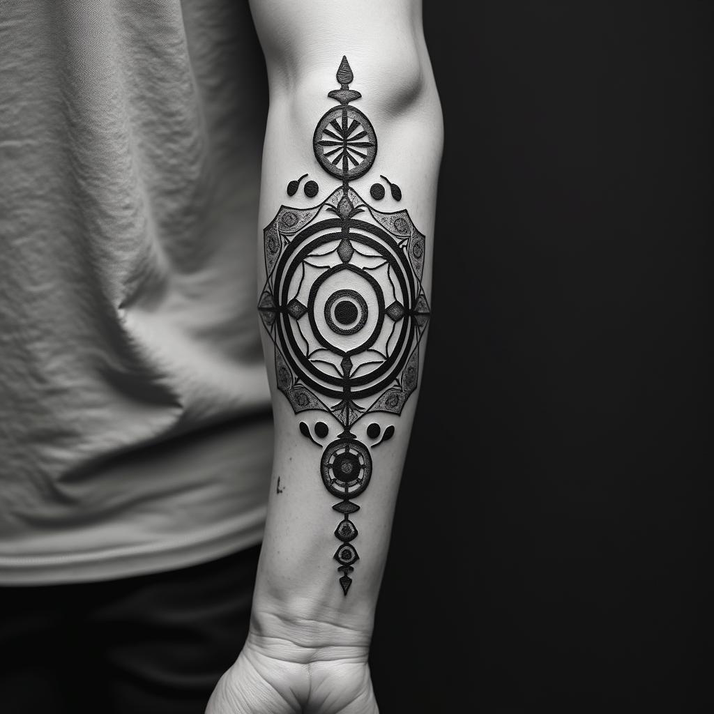 Theo, March, Detroitin spiritual symbols tattoo style, featuring an intricate design incorporating elements, Hamsa hand, third eye, minimalist composition