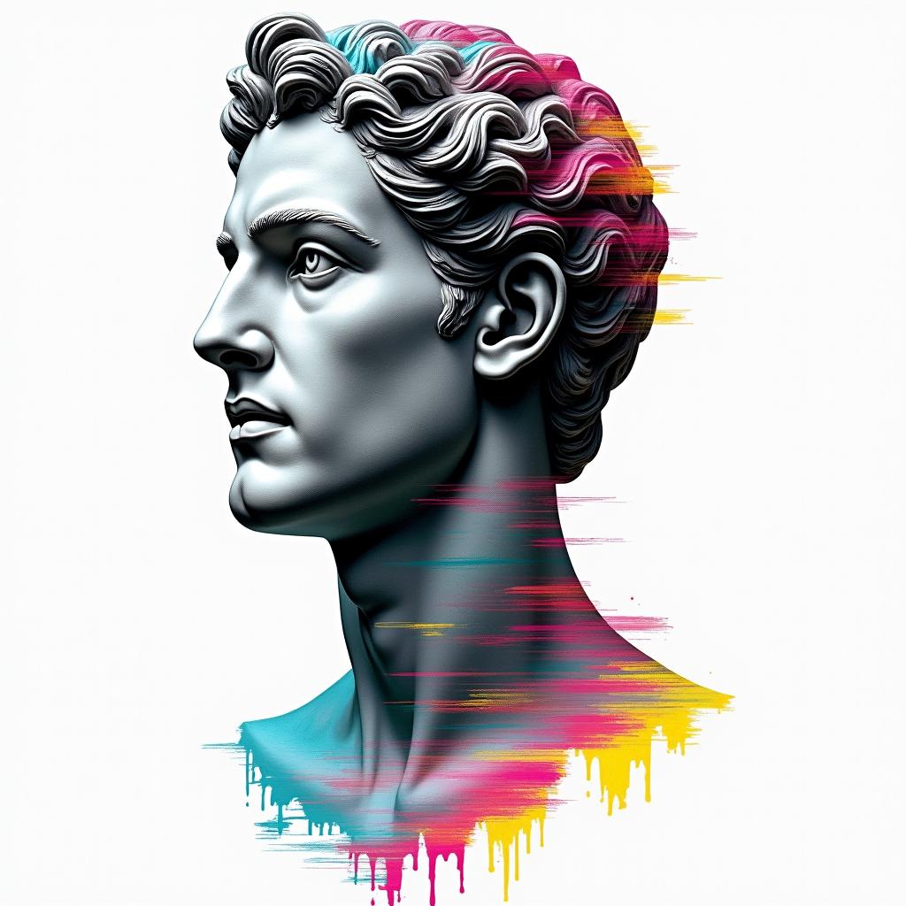 Andrés Pérez Capricorn January 1984in distorted and fragmented tattoo design, featuring a classical statue bust, in a glitch art style with vibrant, overlapping colors of cyan, magenta, and yellow, creating a digital distortion effect - Variation 2
