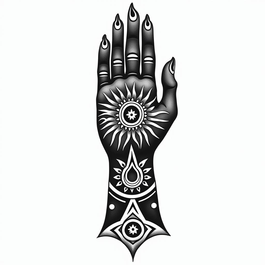 I want a buddhism hand with a flaming sun and arabic letters meaning water signs.in tribal tattoo style, featuring bold and black geometric shapes, curved lines, intertwine and flow seamlessly, creating a powerful and symbolic design, polynesian and maori styles - Variation 3