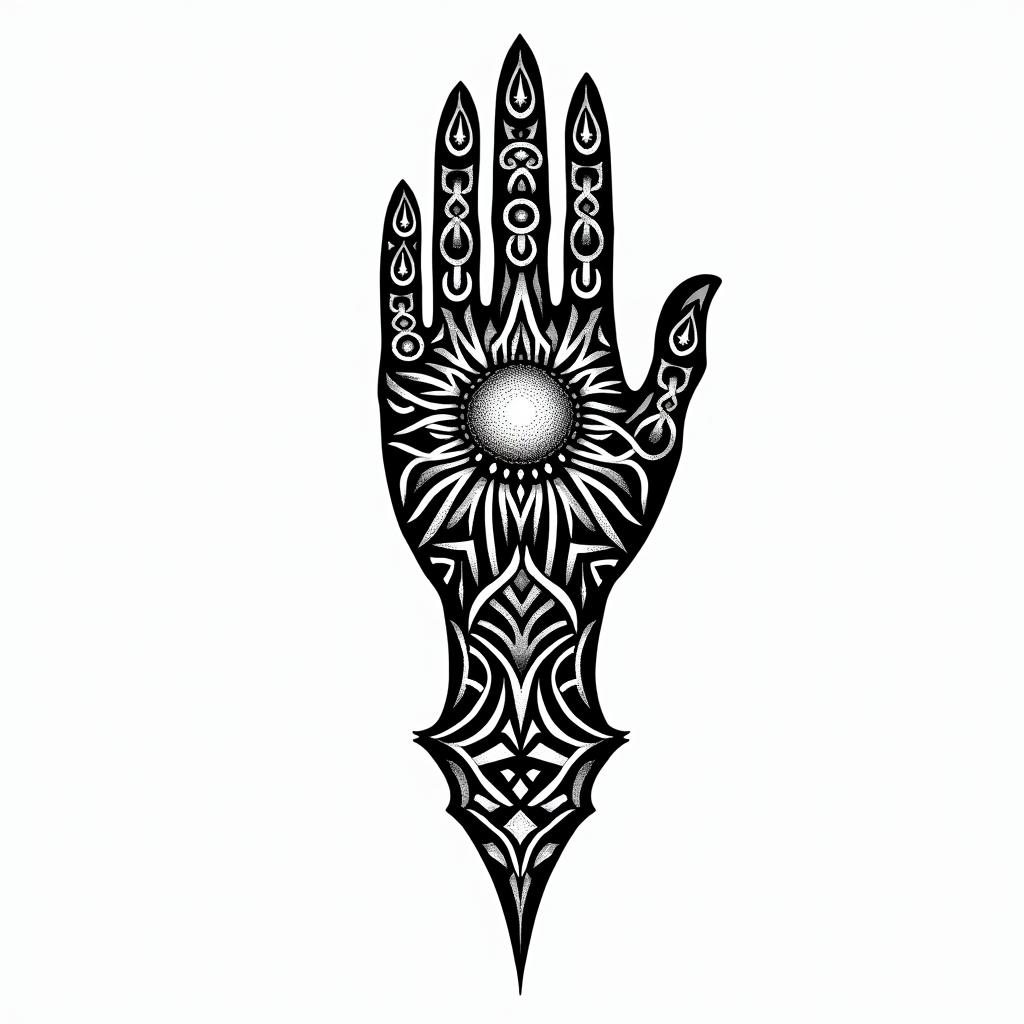 I want a buddhism hand with a flaming sun and arabic letters meaning water signs.in tribal tattoo style, featuring bold and black geometric shapes, curved lines, intertwine and flow seamlessly, creating a powerful and symbolic design, polynesian and maori styles
