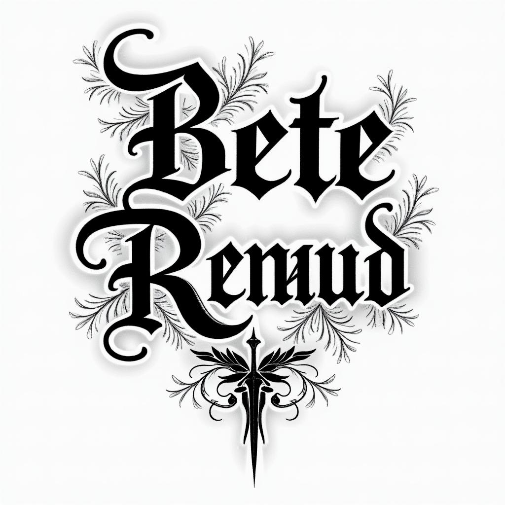 My name is BETE RENAUD, Use my name. Allude to modernity and God. It's a tattoo on the calf.text-based tattoo, gothic font ultra-realistic, perfectly placed, high-quality font design, photo-realistic shading, 8k, high quality, finely detailed typography - Variation 3