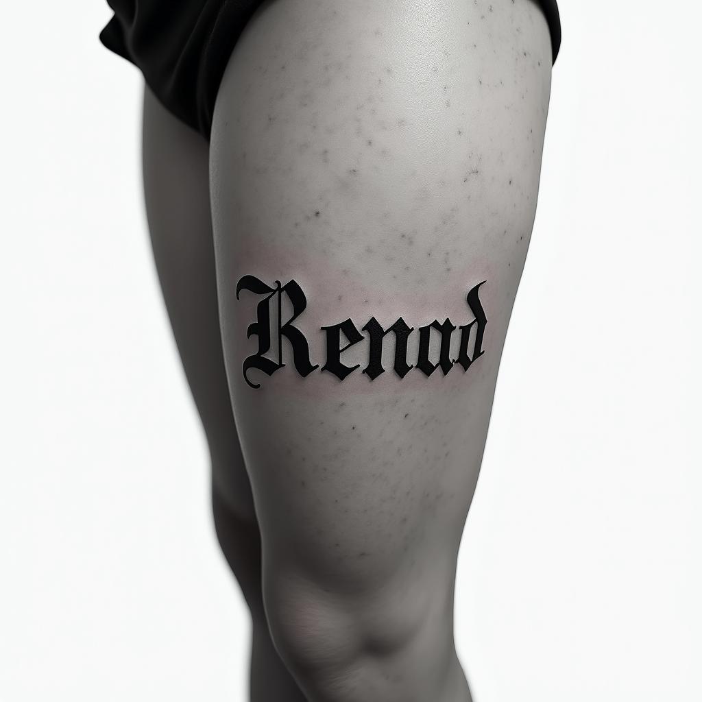 My name is BETE RENAUD, Use my name. Allude to modernity and God. It's a tattoo on the calf.text-based tattoo, gothic font ultra-realistic, perfectly placed, high-quality font design, photo-realistic shading, 8k, high quality, finely detailed typography