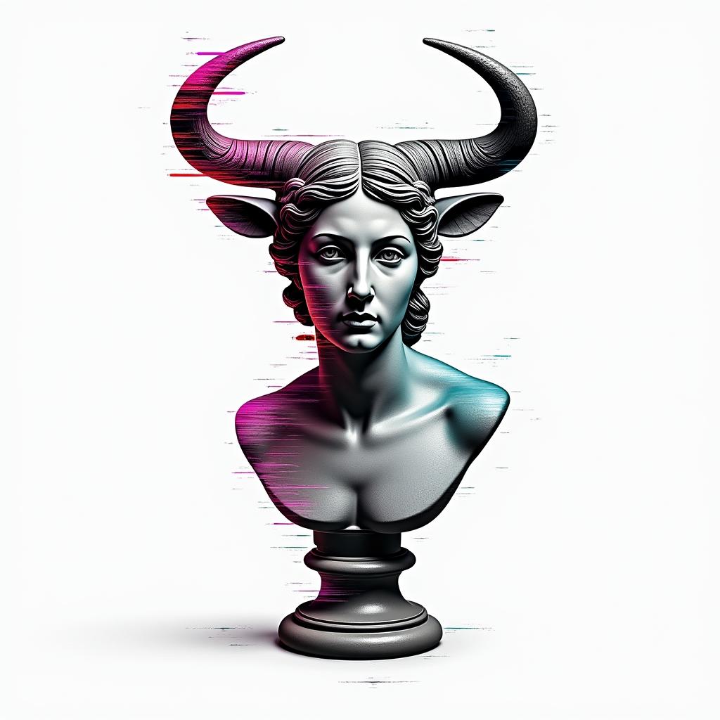 Destiny, Taurus, Floridain distorted and fragmented tattoo design, featuring a classical statue bust, in a glitch art style with vibrant, overlapping colors of cyan, magenta, and yellow, creating a digital distortion effect