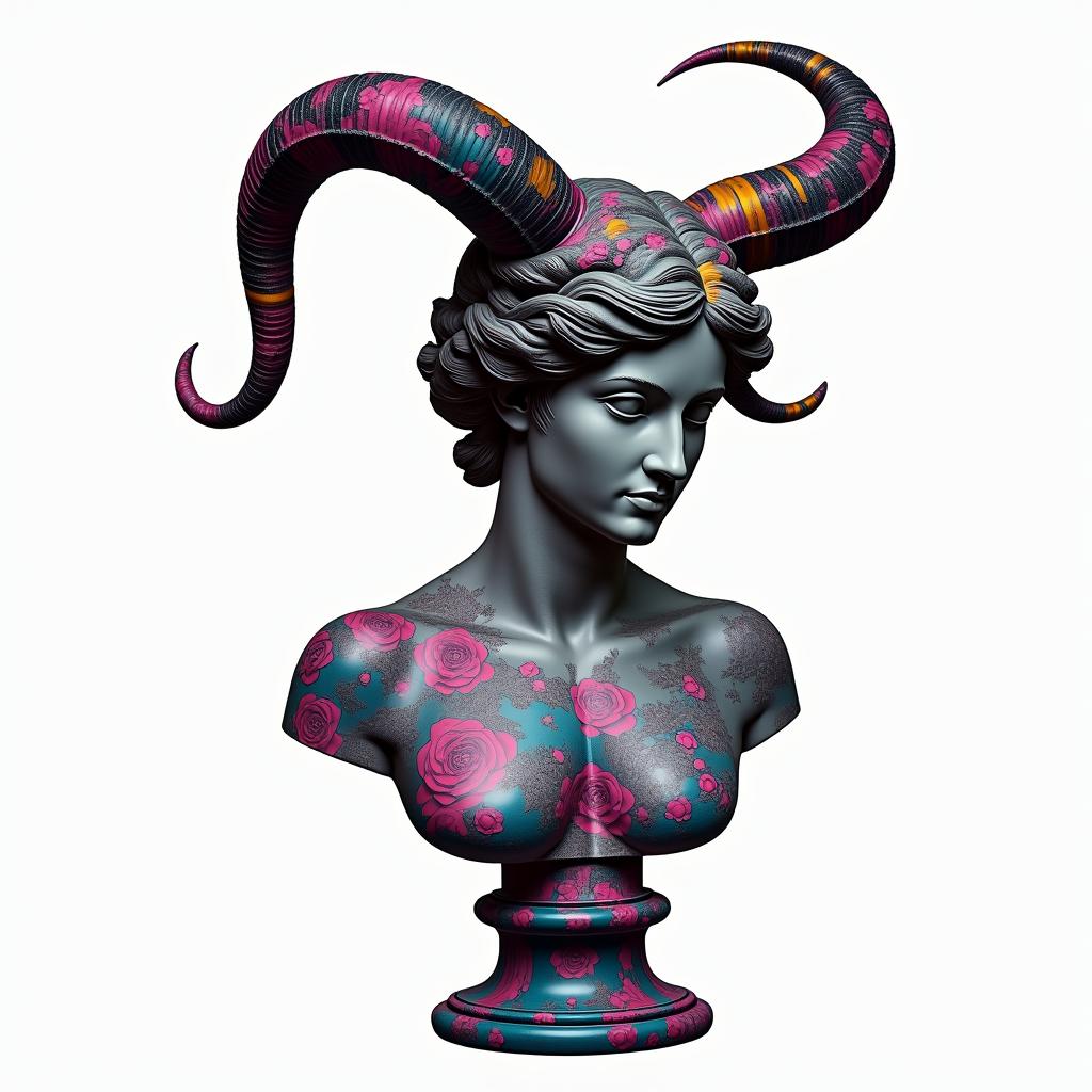Destiny, Taurus, Floridain distorted and fragmented tattoo design, featuring a classical statue bust, in a glitch art style with vibrant, overlapping colors of cyan, magenta, and yellow, creating a digital distortion effect - Variation 4
