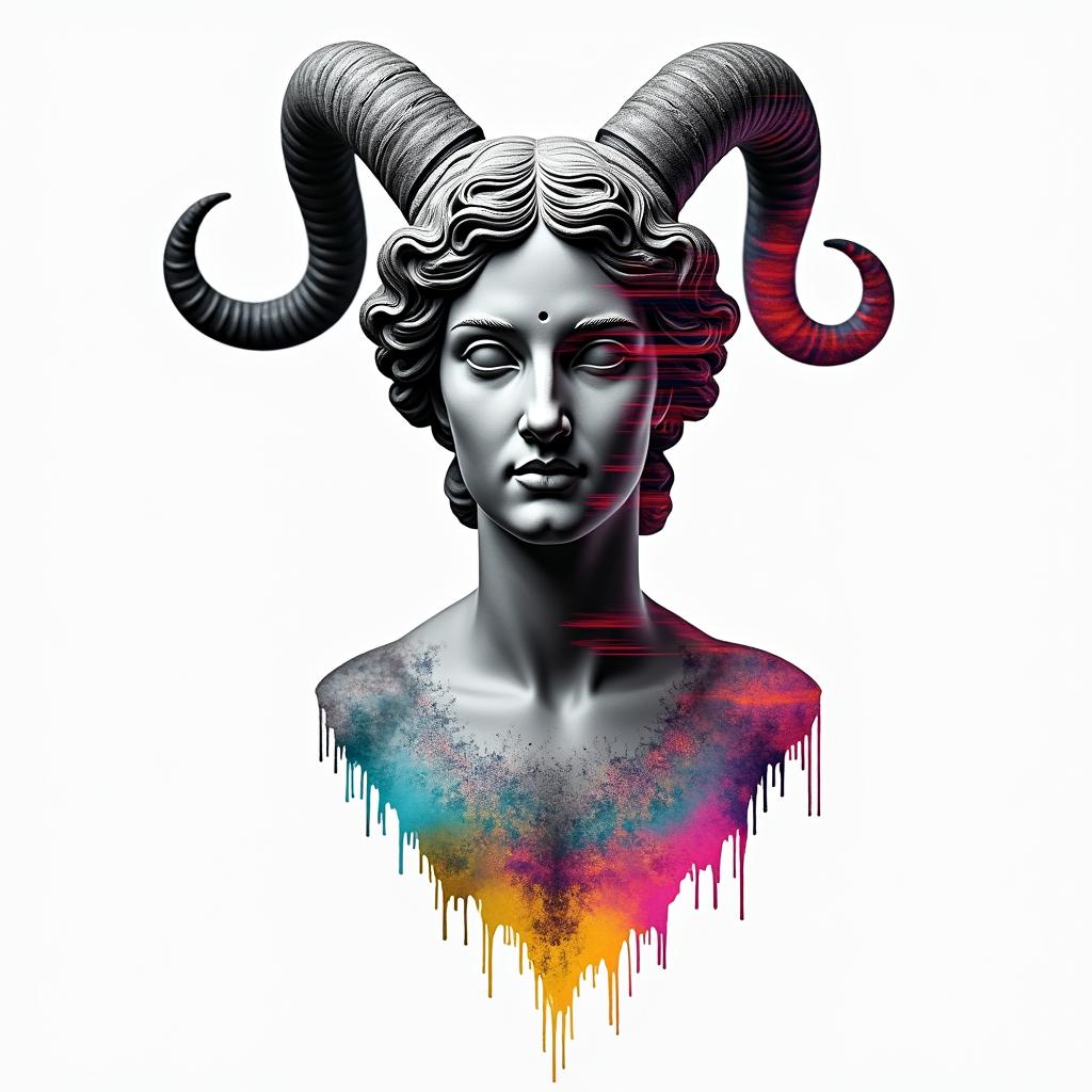 Destiny, Taurus, Floridain distorted and fragmented tattoo design, featuring a classical statue bust, in a glitch art style with vibrant, overlapping colors of cyan, magenta, and yellow, creating a digital distortion effect - Variation 2