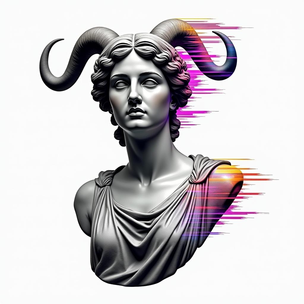 Destiny, Taurus, Floridain distorted and fragmented tattoo design, featuring a classical statue bust, in a glitch art style with vibrant, overlapping colors of cyan, magenta, and yellow, creating a digital distortion effect - Variation 3