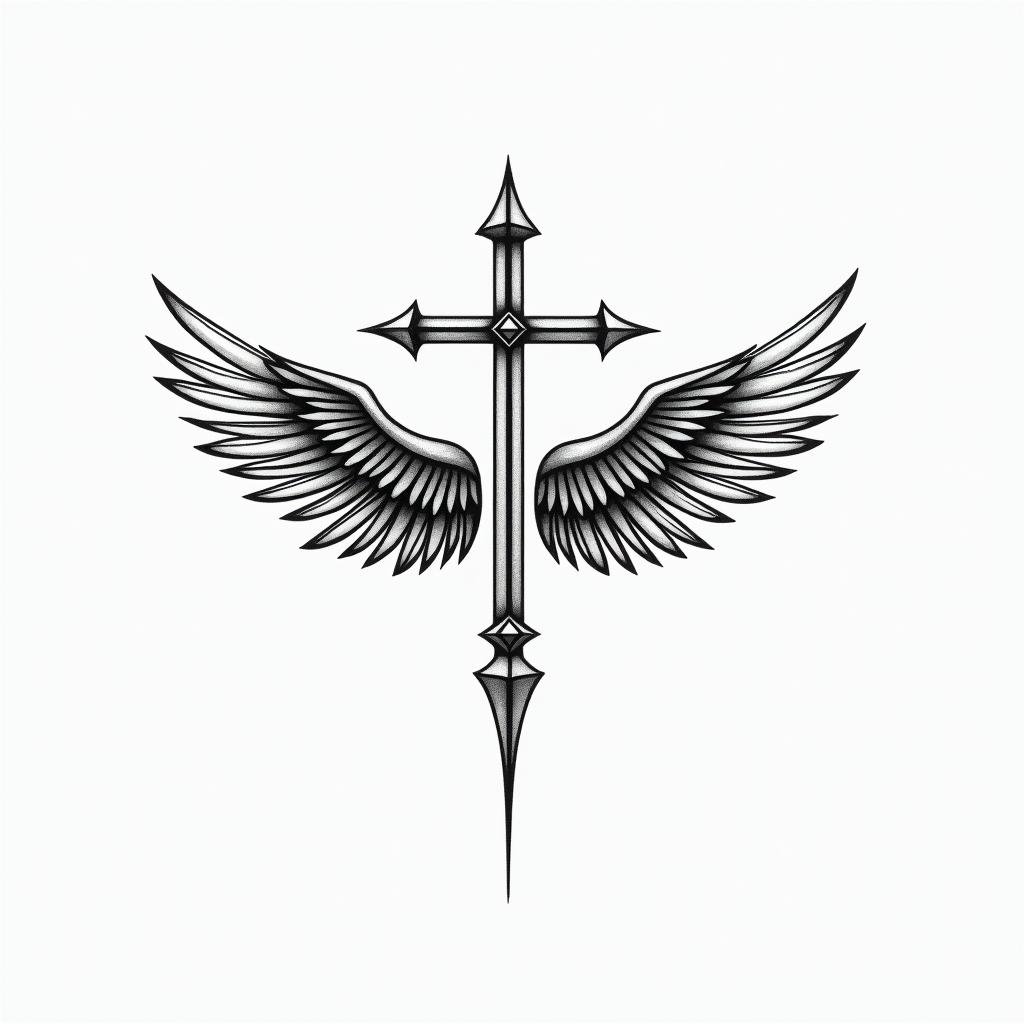 Cross and wings for tricepin minimalist style tattoo, featuring simple shapes and fine lines, with minimal shading and details, tiny triangles, creating a sense of balance and harmony - Variation 2