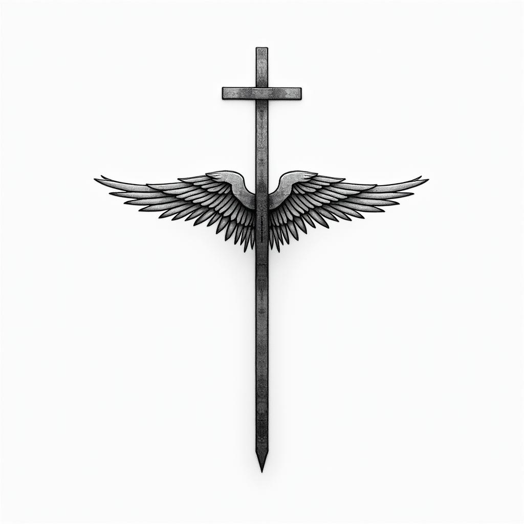 Cross and wings for tricepin minimalist style tattoo, featuring simple shapes and fine lines, with minimal shading and details, tiny triangles, creating a sense of balance and harmony - Variation 3