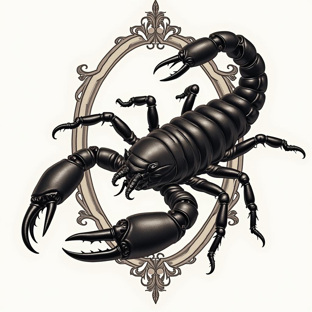 Scorpion with sharp, detailed clawsin victorian style tattoo, featuring vintage and elegant elements, ornate frames, roses, antique, sepia-toned color scheme - Variation 2