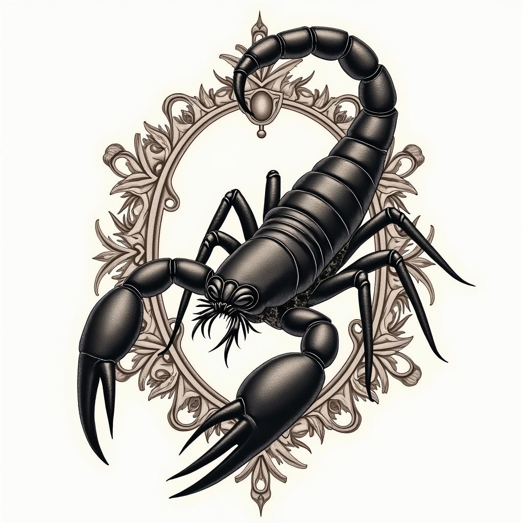Scorpion with sharp, detailed clawsin victorian style tattoo, featuring vintage and elegant elements, ornate frames, roses, antique, sepia-toned color scheme
